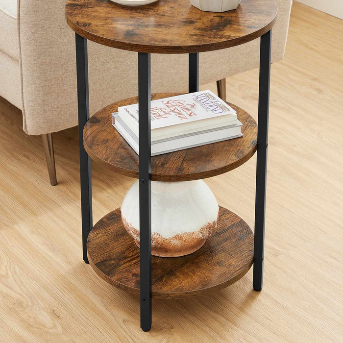 Vasagle Round Side Table With Shelves, Rustic Brown