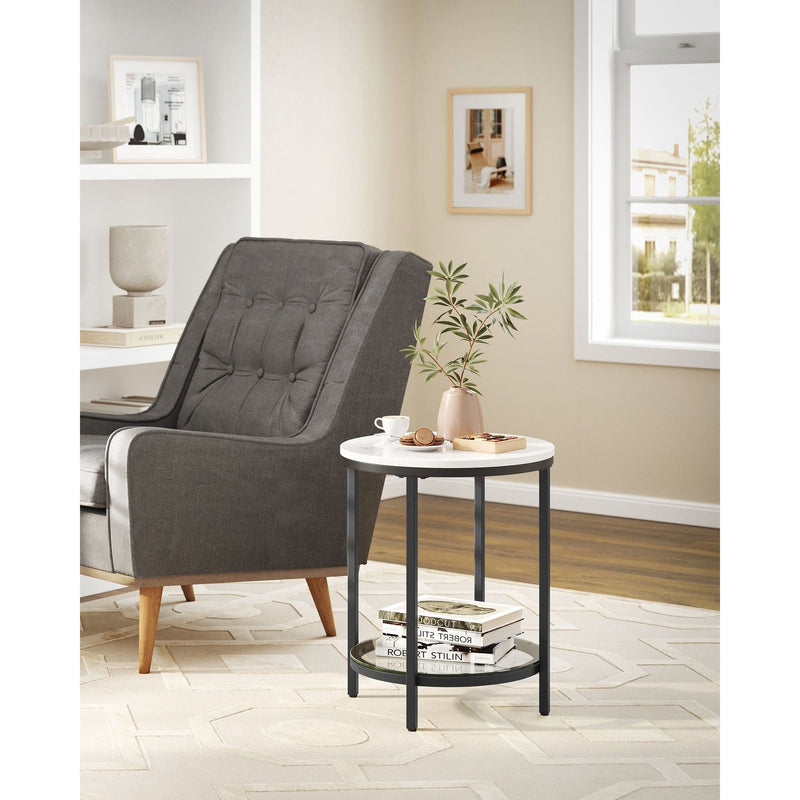 Vasagle Small Round Side Table - Black steel frame with white marble effect table top