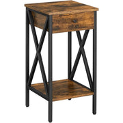 Industrial Nightstand With Drawer by Vasagle - Stylish bedside table with a black steel frame and rustic brown wooden body and draw. There is an open shelf at the bottom