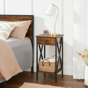 Industrial Nightstand With Drawer by Vasagle - Stylish bedside table with a black steel frame and rustic brown wooden body and draw. There is an open shelf at the bottom