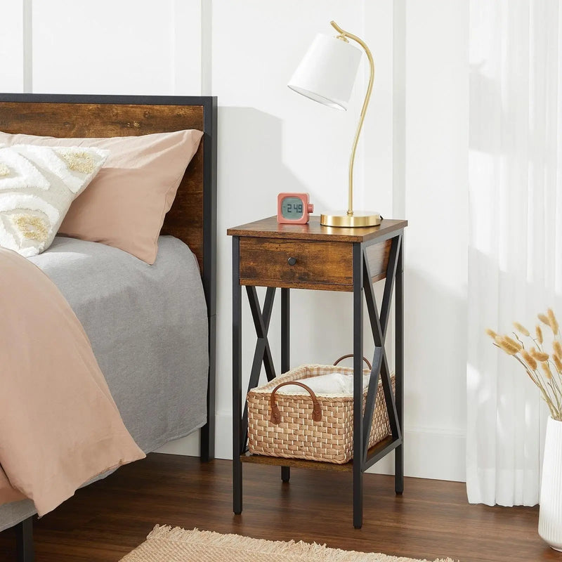Industrial Nightstand With Drawer by Vasagle - Stylish bedside table with a black steel frame and rustic brown wooden body and draw. There is an open shelf at the bottom