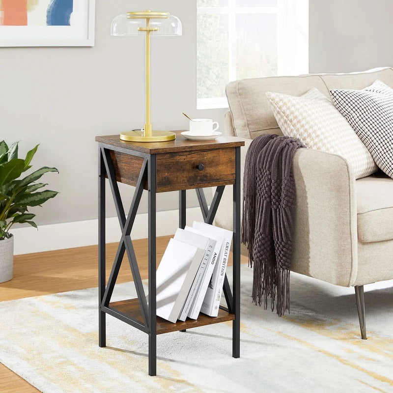 Industrial Nightstand With Drawer by Vasagle - Stylish bedside table with a black steel frame and rustic brown wooden body and draw. There is an open shelf at the bottom