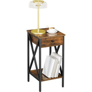 Industrial Nightstand With Drawer by Vasagle - Stylish bedside table with a black steel frame and rustic brown wooden body and draw. There is an open shelf at the bottom
