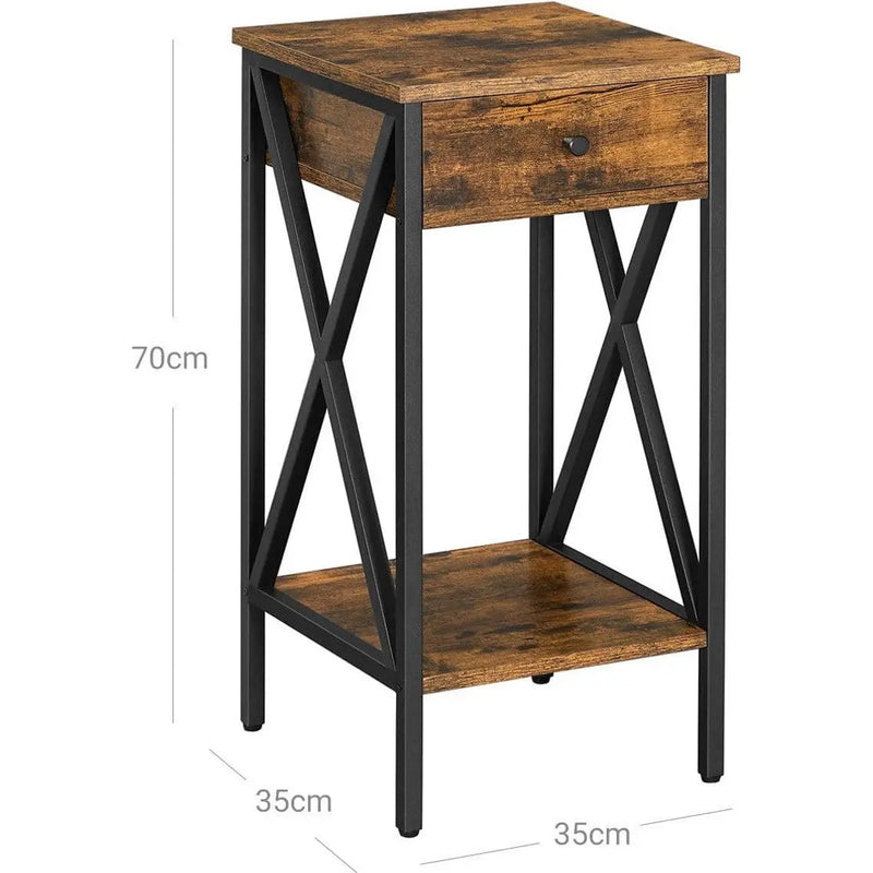 Industrial Nightstand With Drawer by Vasagle - Stylish bedside table with a black steel frame and rustic brown wooden body and draw. There is an open shelf at the bottom