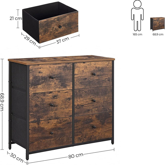6 Drawer Chest, Fabric Drawers, Rustic Brown