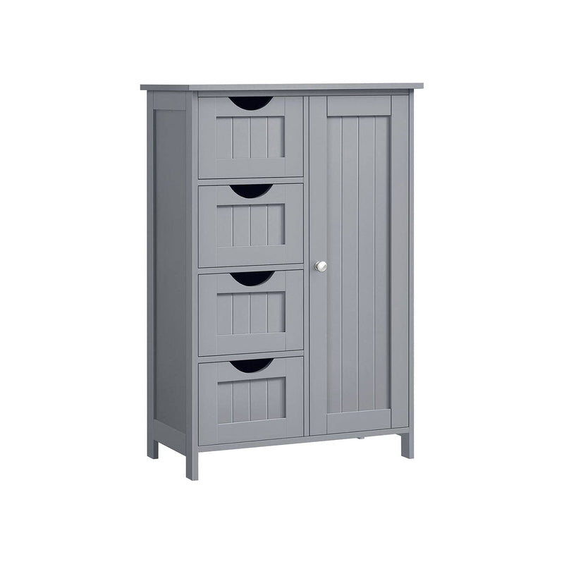 Vasagle Grey Freestanding Bathroom Floor Cabinet - Four drawers with handleless design and a cupboard with a single door which has a chrome knob