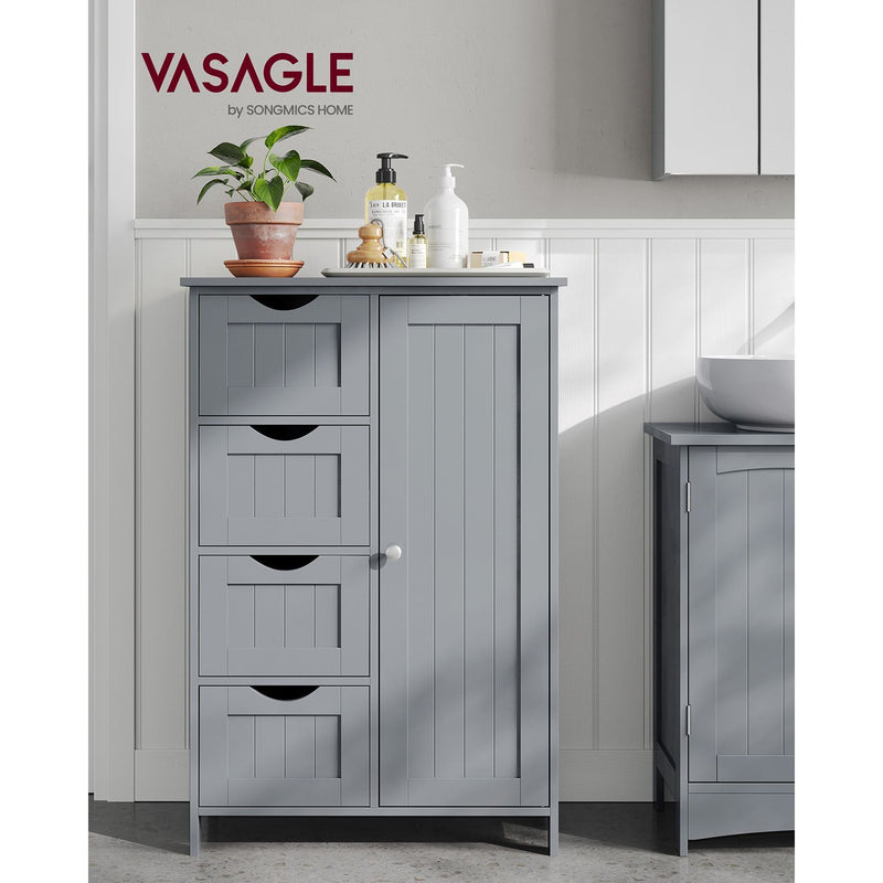 Vasagle Grey Freestanding Bathroom Floor Cabinet - Four drawers with handleless design and a cupboard with a single door which has a chrome knob
