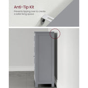 Vasagle Grey Freestanding Bathroom Floor Cabinet - Four drawers with handleless design and a cupboard with a single door which has a chrome knob