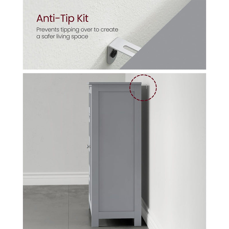 Vasagle Grey Freestanding Bathroom Floor Cabinet - Four drawers with handleless design and a cupboard with a single door which has a chrome knob