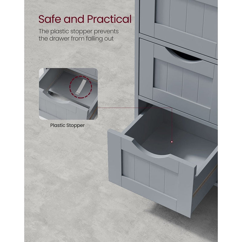 Vasagle Grey Freestanding Bathroom Floor Cabinet - Four drawers with handleless design and a cupboard with a single door which has a chrome knob