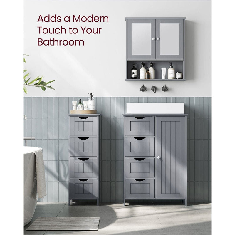 Vasagle Grey Freestanding Bathroom Floor Cabinet - Four drawers with handleless design and a cupboard with a single door which has a chrome knob