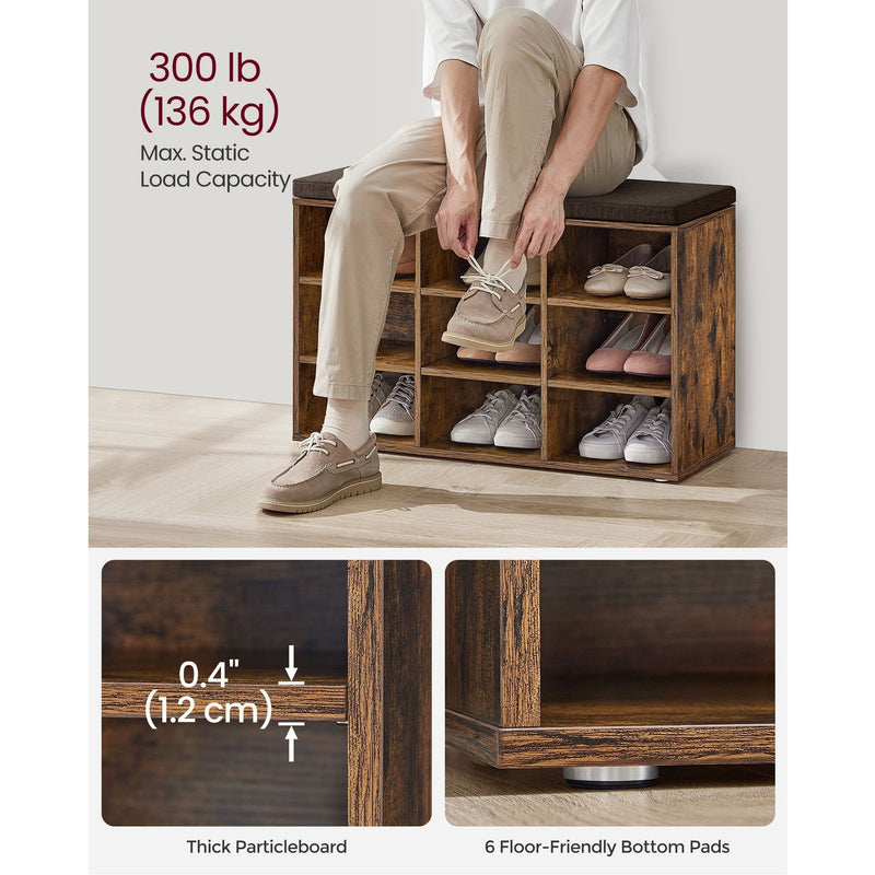 Shoe Bench With Cushion and Storage Rustic Brown by Vasagle