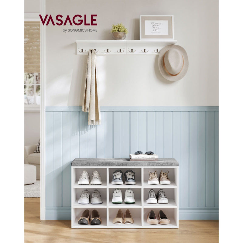 Vasagle White Shoe Bench With Grey Cushion - 9 open slots for storing your shoes