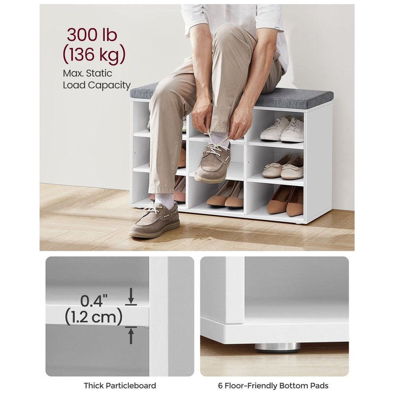 Vasagle White Shoe Bench With Grey Cushion - 9 open slots for storing your shoes