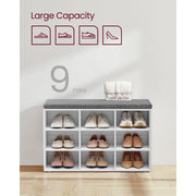 Vasagle White Shoe Bench With Grey Cushion - 9 open slots for storing your shoes