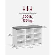 Vasagle White Shoe Bench With Grey Cushion - 9 open slots for storing your shoes