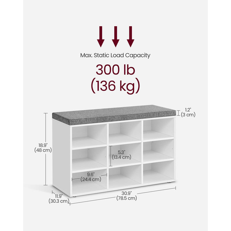 Vasagle White Shoe Bench With Grey Cushion - 9 open slots for storing your shoes