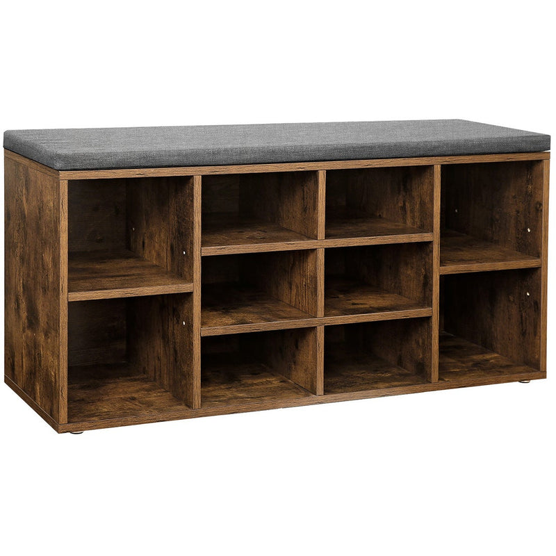 Vasagle Shoe Bench With Cushion - Rustic Brown With Grey Fabric Cushion For Entryway - 10 open slots for storing shoes
