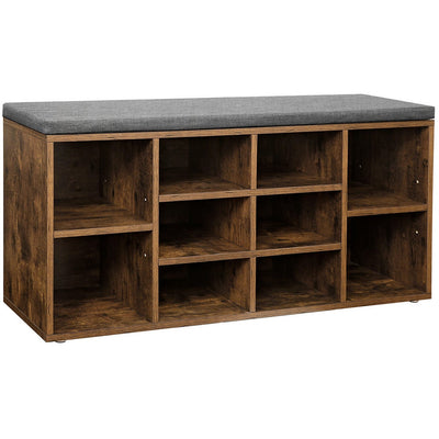 Vasagle Shoe Bench With Cushion - Rustic Brown With Grey Fabric Cushion For Entryway - 10 open slots for storing shoes
