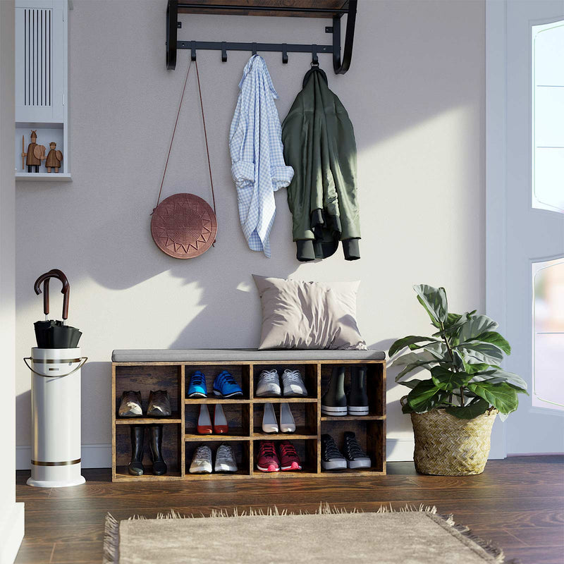 Vasagle Shoe Bench With Cushion - Rustic Brown With Grey Fabric Cushion For Entryway - 10 open slots for storing shoes