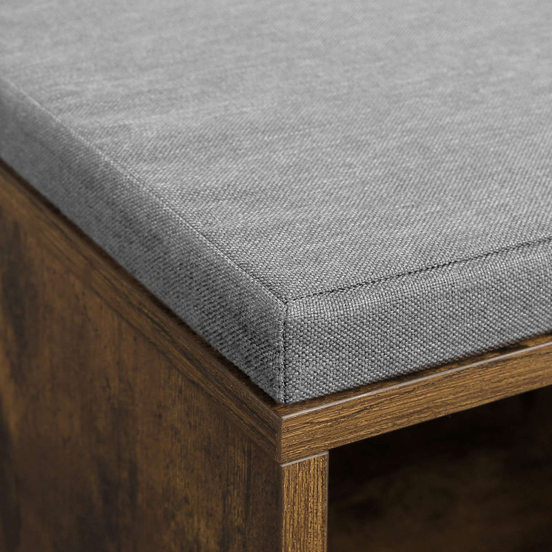 Vasagle Shoe Bench With Cushion - Rustic Brown With Grey Fabric Cushion For Entryway - 10 open slots for storing shoes