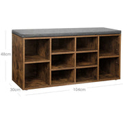 Vasagle Shoe Bench With Cushion - Rustic Brown With Grey Fabric Cushion For Entryway - 10 open slots for storing shoes