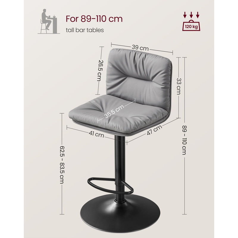 Vasagle Kitchen Counter Stools With Backs - Grey PU leather with sturdy base, height adjustable, swivel