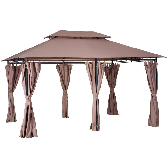 Metal Frame Gazebo With Sides, Garden Pavilion, 4x3m, Brown