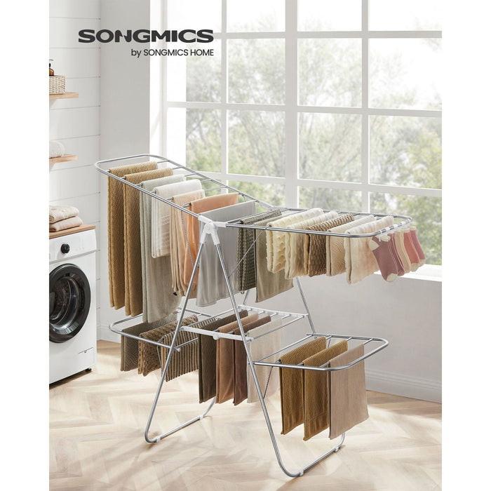 Songmics 2-Tier Winged Clothes Airer, Silver & White