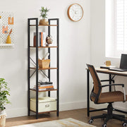 Narrow Industrial Bookcase by Vasagle - black steel frame with rustic brown wooden shelves - perfect for small spaces, living room, home office