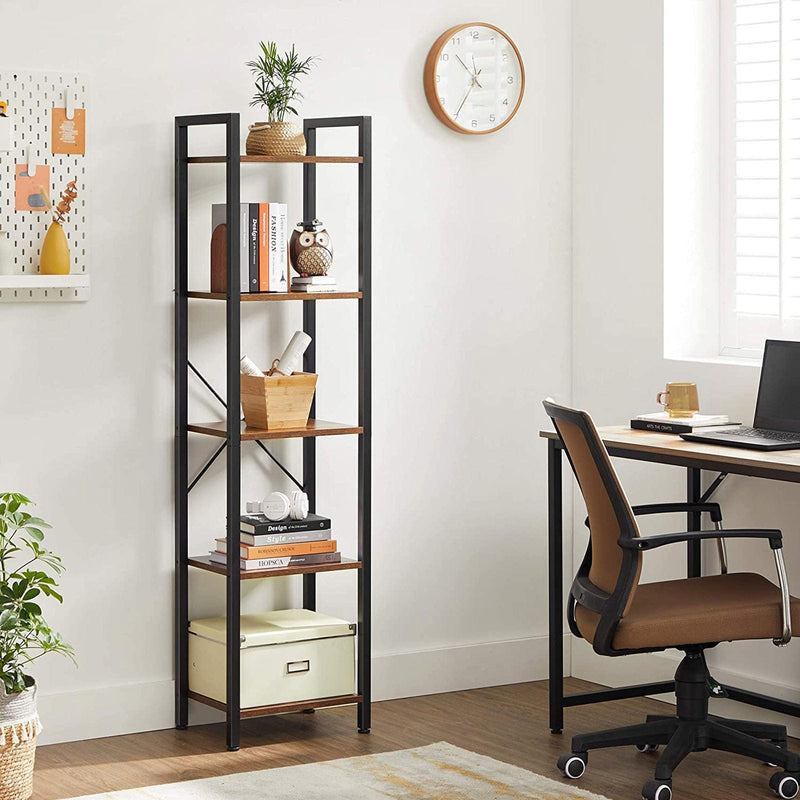 Narrow Industrial Bookcase by Vasagle - black steel frame with rustic brown wooden shelves - perfect for small spaces, living room, home office