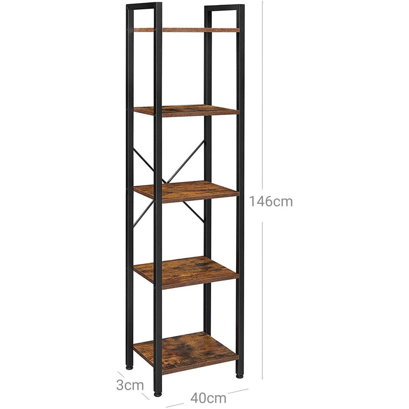 Narrow Industrial Bookcase by Vasagle - black steel frame with rustic brown wooden shelves - perfect for small spaces, living room, home office