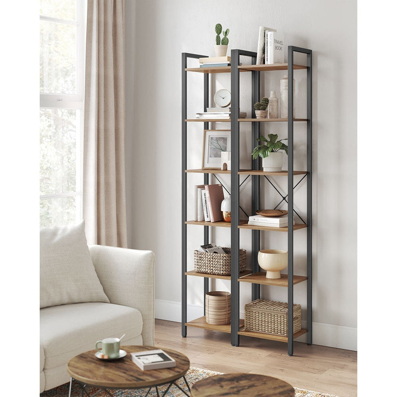Vasagle 6 Tier Tall Narrow Bookshelf, Rustic Brown & Black
