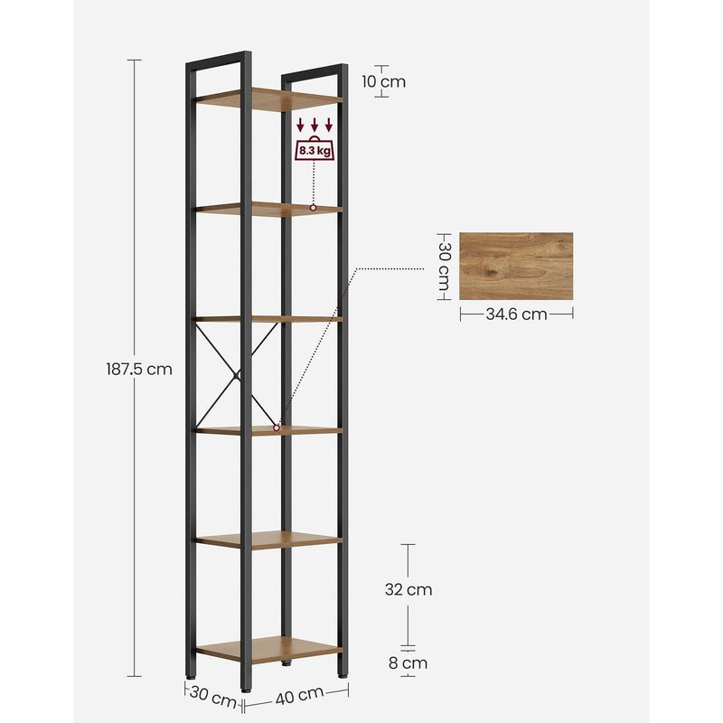 Vasagle 6 Tier Tall Narrow Bookshelf, Rustic Brown & Black