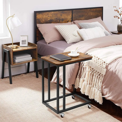 Industrial Style Side End Snack Table by Vasagle - C shape sofa side table, removeable castors - perfect for living room