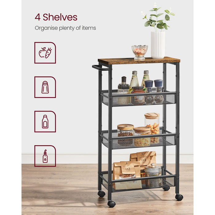 Vasagle Narrow Kitchen Trolley 4 Tier Rustic, Brown and Black