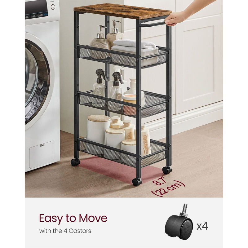Vasagle Narrow Kitchen Trolley 4 Tier Rustic, Brown and Black