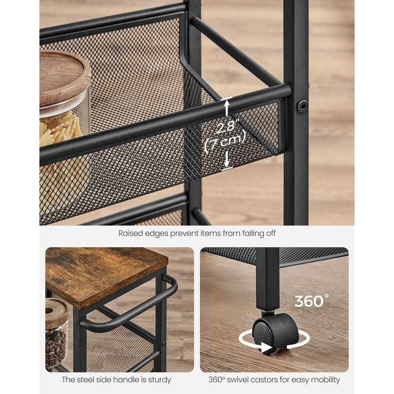 Vasagle Narrow Kitchen Trolley 4 Tier Rustic, Brown and Black