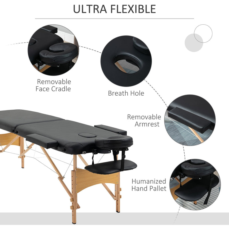 Black Portable Massage Bed, 2 Sections, Wooden Frame, Bag