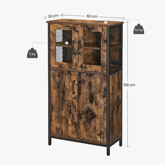 Vasagle 60x30x108cm Cabinet: Rustic Brown with Glass Doors