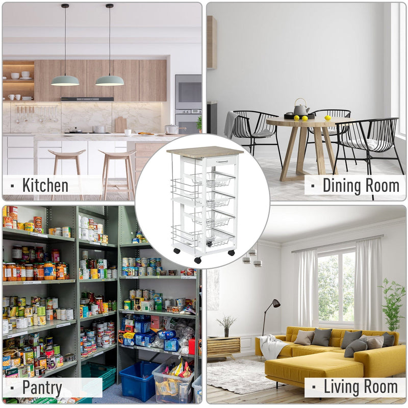 Kitchen Island on Wheels, 4 Baskets, 2 Racks