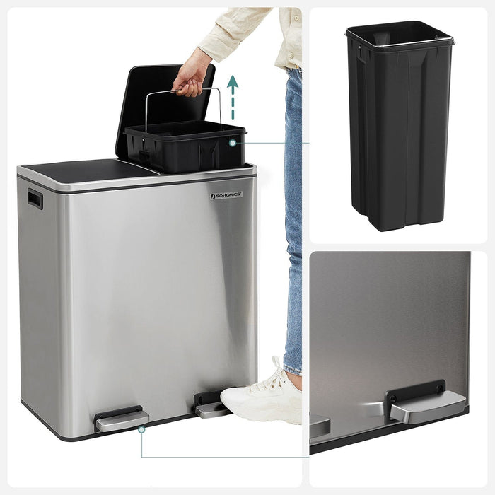 Stainless Steel 2 Compartment Recycling Bin, 60L Capacity