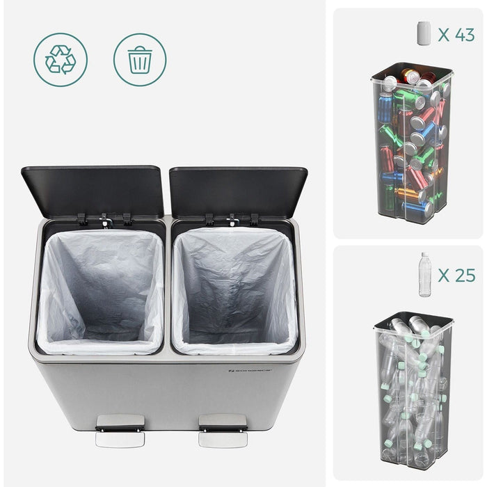 Stainless Steel 2 Compartment Recycling Bin, 60L Capacity