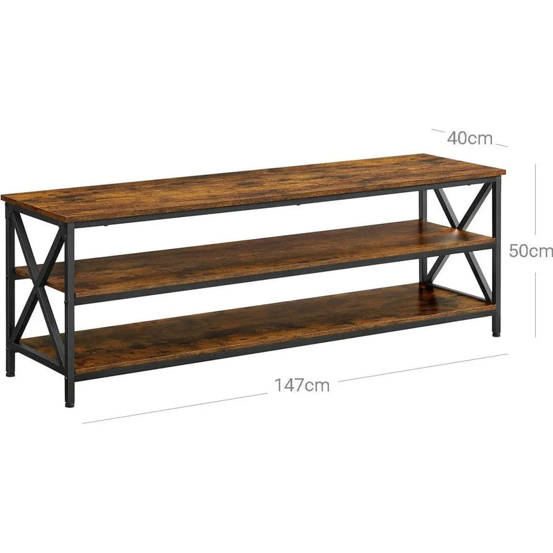 Large Industrial TV Stand 147cm Wide, 50cm High, 40cm Deep  - 2 large open shelves