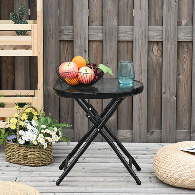 Outsunny Foldable Garden Table, Round Folding Table with Glass Tabletop and Safety Buckle for Patio, Garden, Outdoor, Indoor, Black Outsunny