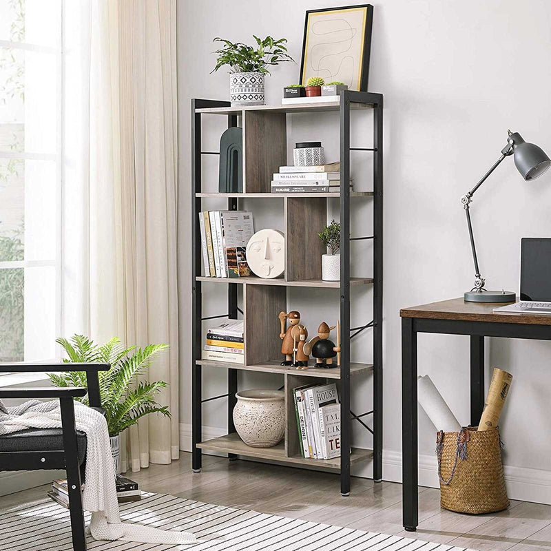 4 Tier Industrial Bookcase by Vasagle - black steel frame with rustic brown wooden shelves - staggered layout provides stylish touch to your living room