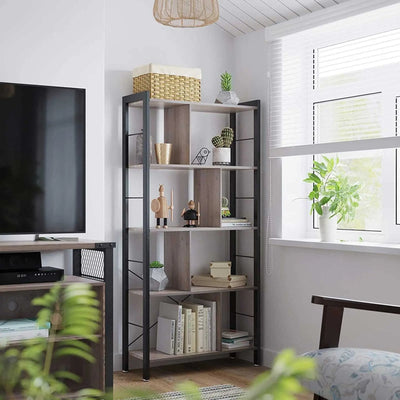 4 Tier Industrial Bookcase by Vasagle - black steel frame with rustic brown wooden shelves - staggered layout provides stylish touch to your living room