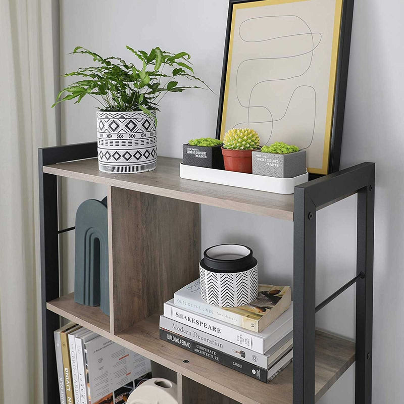 4 Tier Industrial Bookcase by Vasagle - black steel frame with rustic brown wooden shelves - staggered layout provides stylish touch to your living room
