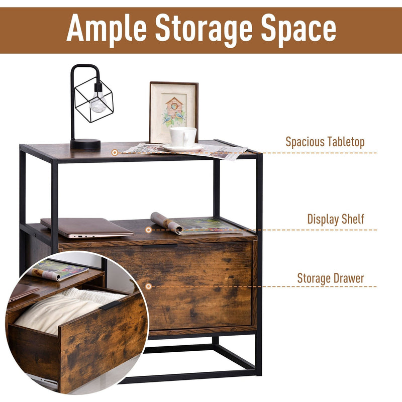 Industrial Style Side Table with Drawer, Shelf, Steel Frame Homcom