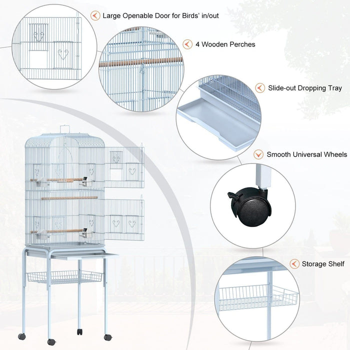 Large Metal Bird Cage With Breeding Stand, Wheels, Blue